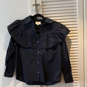 cinq a sept Navy Ruffle-Trim Button Shirt
